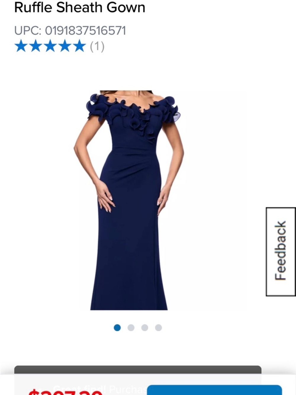 Brand new. Never worn. Xscape Navy Off-Shoulder Ruffle Gown